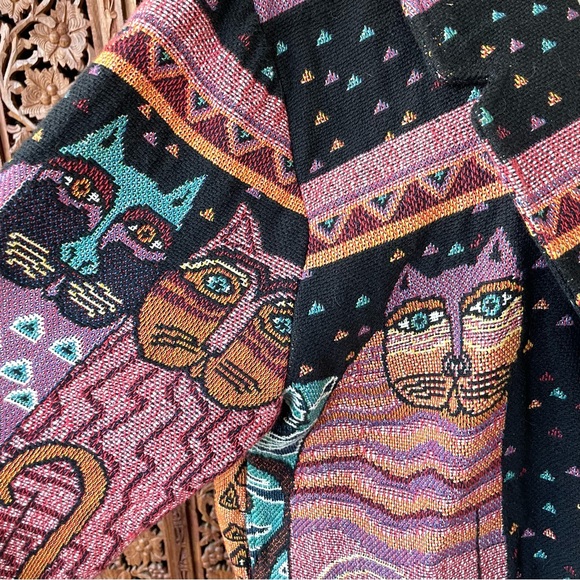 Original Vintage Laurel Burch Silverado Boho Cat Tapestry Blanket Knit Jacket - Picture 5 of 12